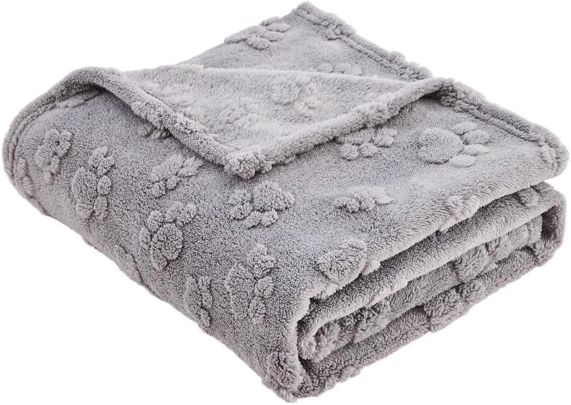 Qeils Jacquard Dog Blankets for Small Dogs, Cozy Calming Blanket for Indoor Cats, 280GSM Coral Fleece Plush Fluffy Throw Blanket, Grey Paws, 25x30IN