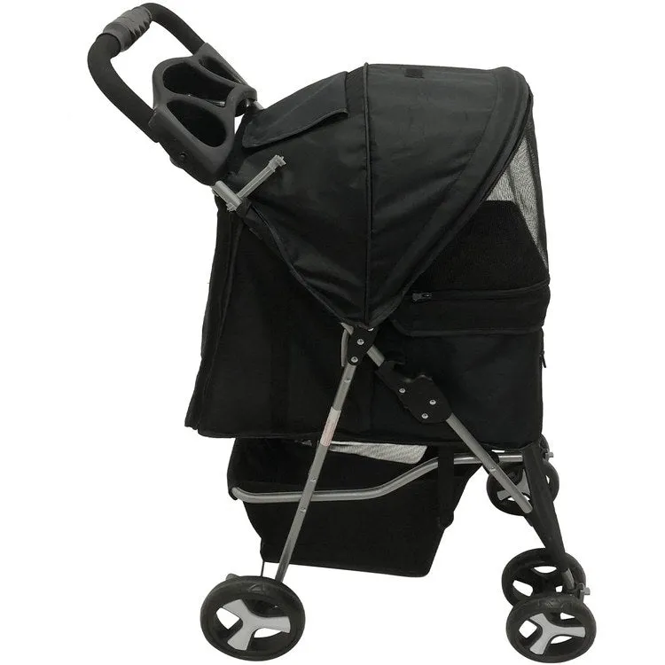 Single Four-Wheel Pet Stroller for Pets 33 Lbs. and Under with Storage Basket - Black