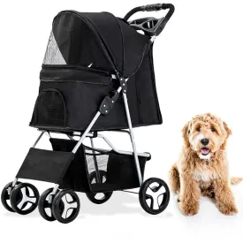 Single Four-Wheel Pet Stroller for Pets 33 Lbs. and Under with Storage Basket - Black
