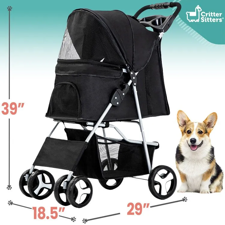 Single Four-Wheel Pet Stroller for Pets 33 Lbs. and Under with Storage Basket - Black