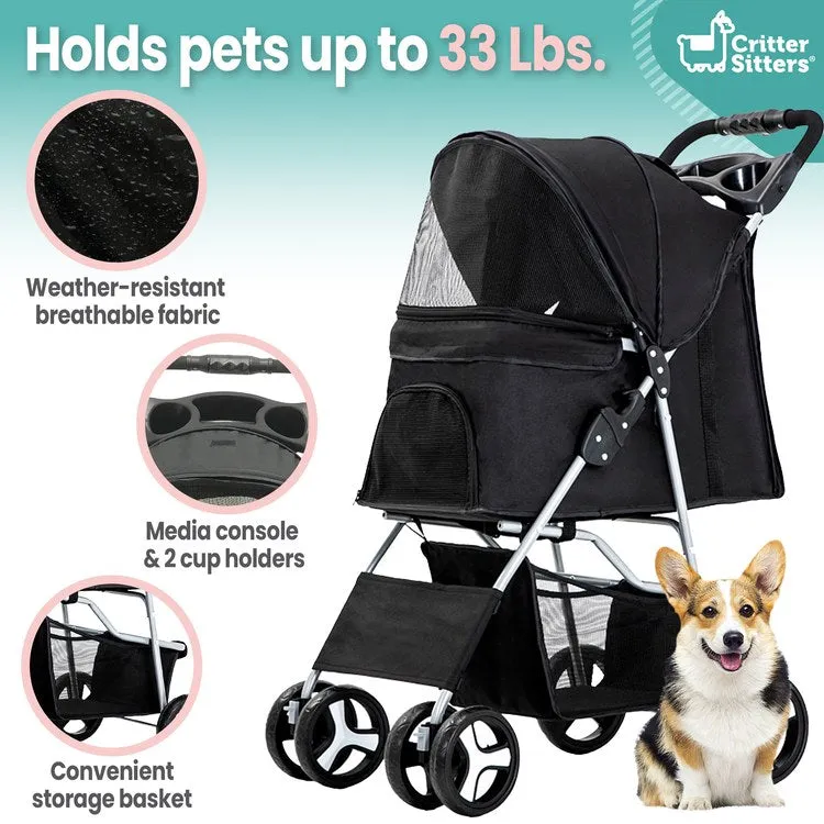 Single Four-Wheel Pet Stroller for Pets 33 Lbs. and Under with Storage Basket - Black