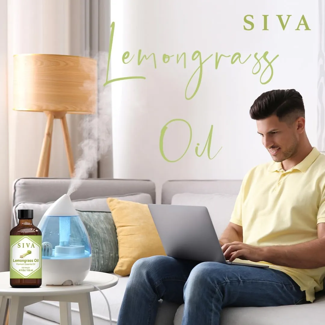 SIVA Lemongrass Essential Oil - 4 Fl Oz  Natural Lemongrass Oil - for Diffuser, Face, Skin Care, Aromatherapy, Hair Care, Scalp and Body Massage - with Dropper