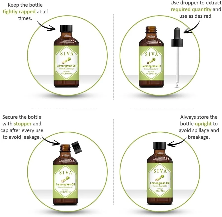 SIVA Lemongrass Essential Oil - 4 Fl Oz  Natural Lemongrass Oil - for Diffuser, Face, Skin Care, Aromatherapy, Hair Care, Scalp and Body Massage - with Dropper