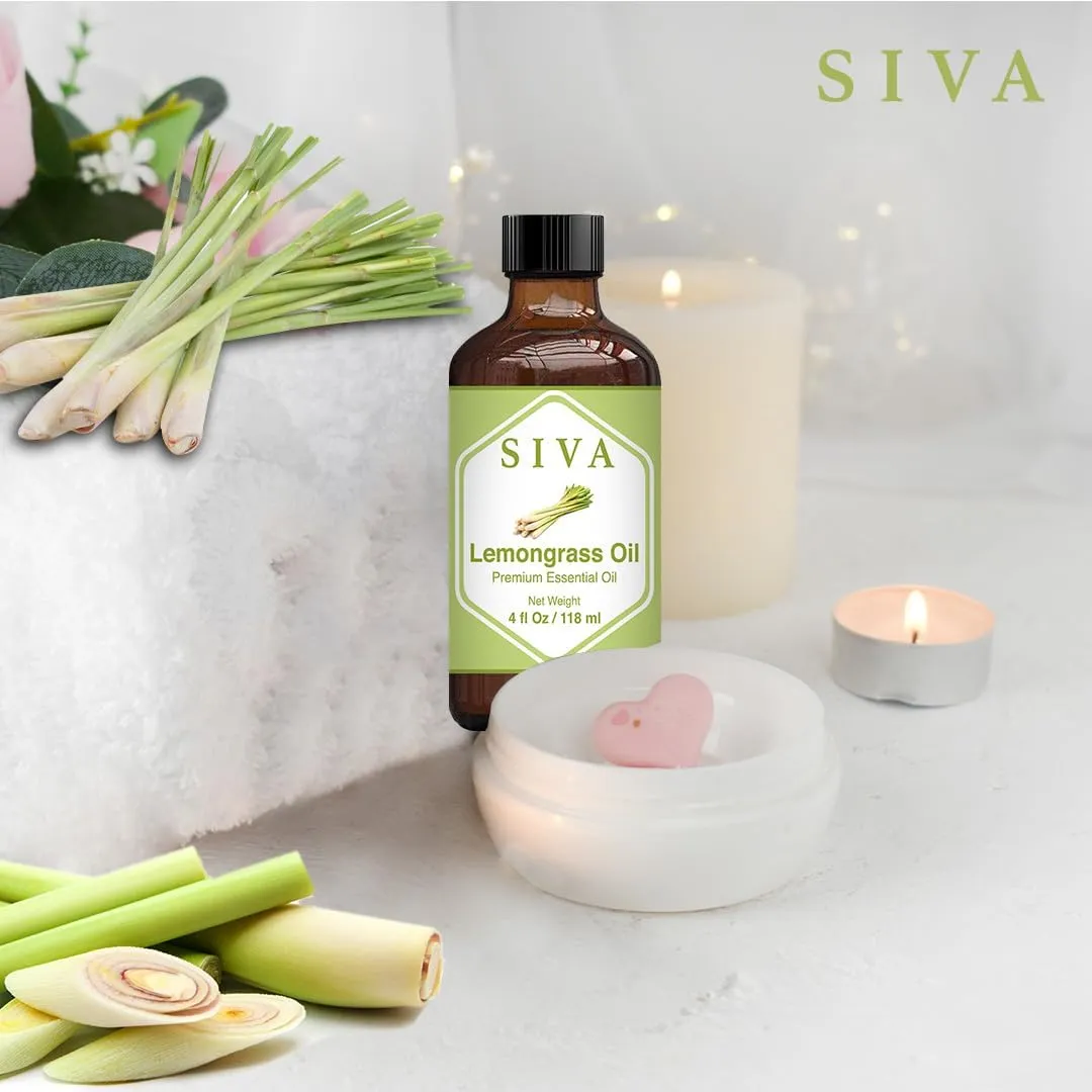 SIVA Lemongrass Essential Oil - 4 Fl Oz  Natural Lemongrass Oil - for Diffuser, Face, Skin Care, Aromatherapy, Hair Care, Scalp and Body Massage - with Dropper