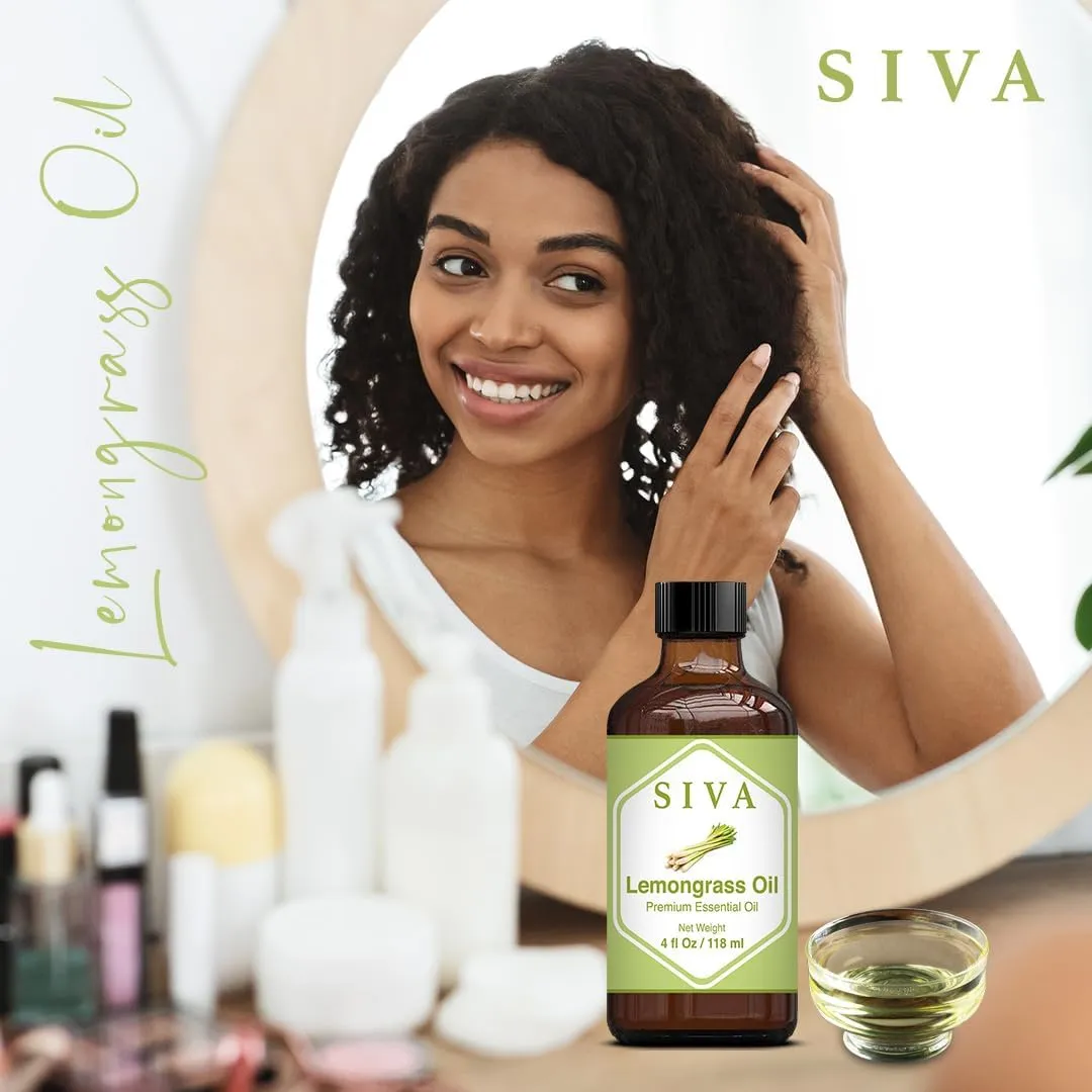 SIVA Lemongrass Essential Oil - 4 Fl Oz  Natural Lemongrass Oil - for Diffuser, Face, Skin Care, Aromatherapy, Hair Care, Scalp and Body Massage - with Dropper