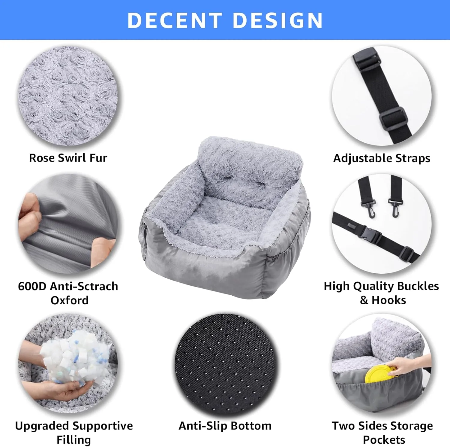 Small Dog Car Seat - Washable Pet Booster Seat with Clip-On Safety Leash, Comfy Plush Carseat with Pockets, Puppy Travel Carrier Bed for Dogs Under 25 lbs, Light Grey