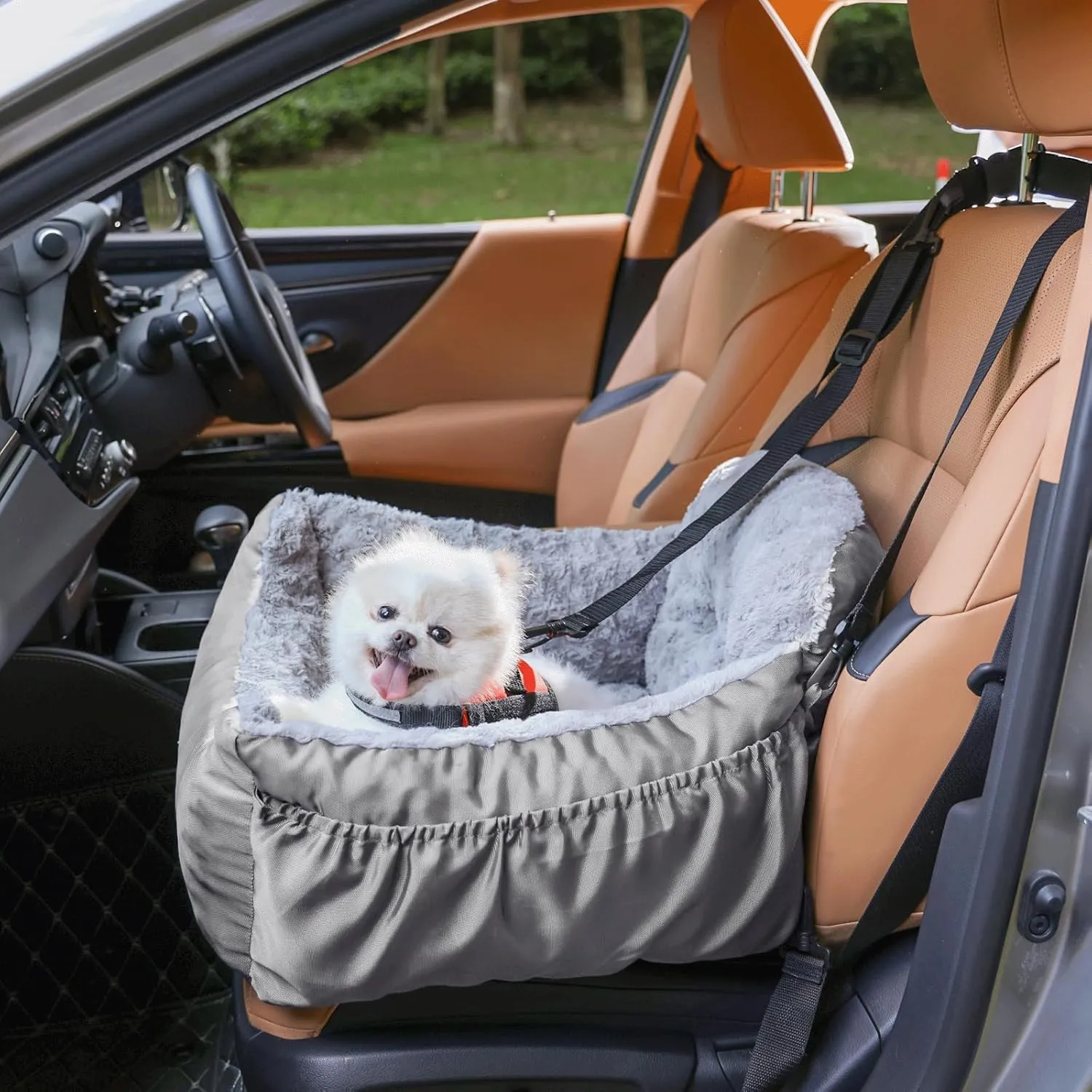 Small Dog Car Seat - Washable Pet Booster Seat with Clip-On Safety Leash, Comfy Plush Carseat with Pockets, Puppy Travel Carrier Bed for Dogs Under 25 lbs, Light Grey