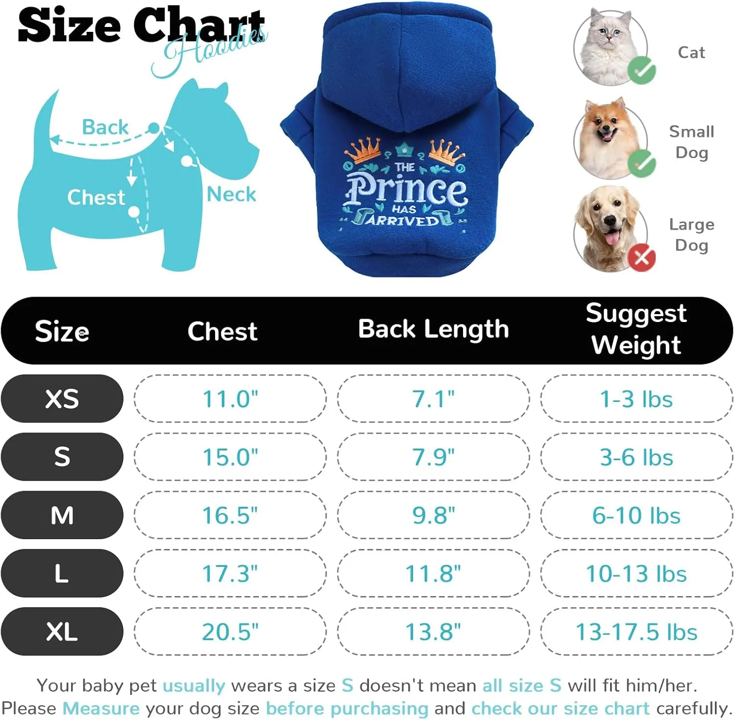 Small Dog Hoodie Clothes Cute Blue Prince Fleece Dog Sweater for Small Dogs Cat Boy Warm Puppy Sweatshirt with Leash D Ring Fall Winter XS Tiny Pet Doggy Outfit Chihuahua Yorkie Shihtzu(Blue,M)