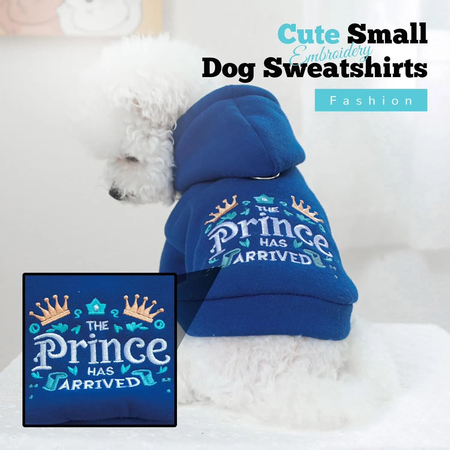 Small Dog Hoodie Clothes Cute Blue Prince Fleece Dog Sweater for Small Dogs Cat Boy Warm Puppy Sweatshirt with Leash D Ring Fall Winter XS Tiny Pet Doggy Outfit Chihuahua Yorkie Shihtzu(Blue,M)