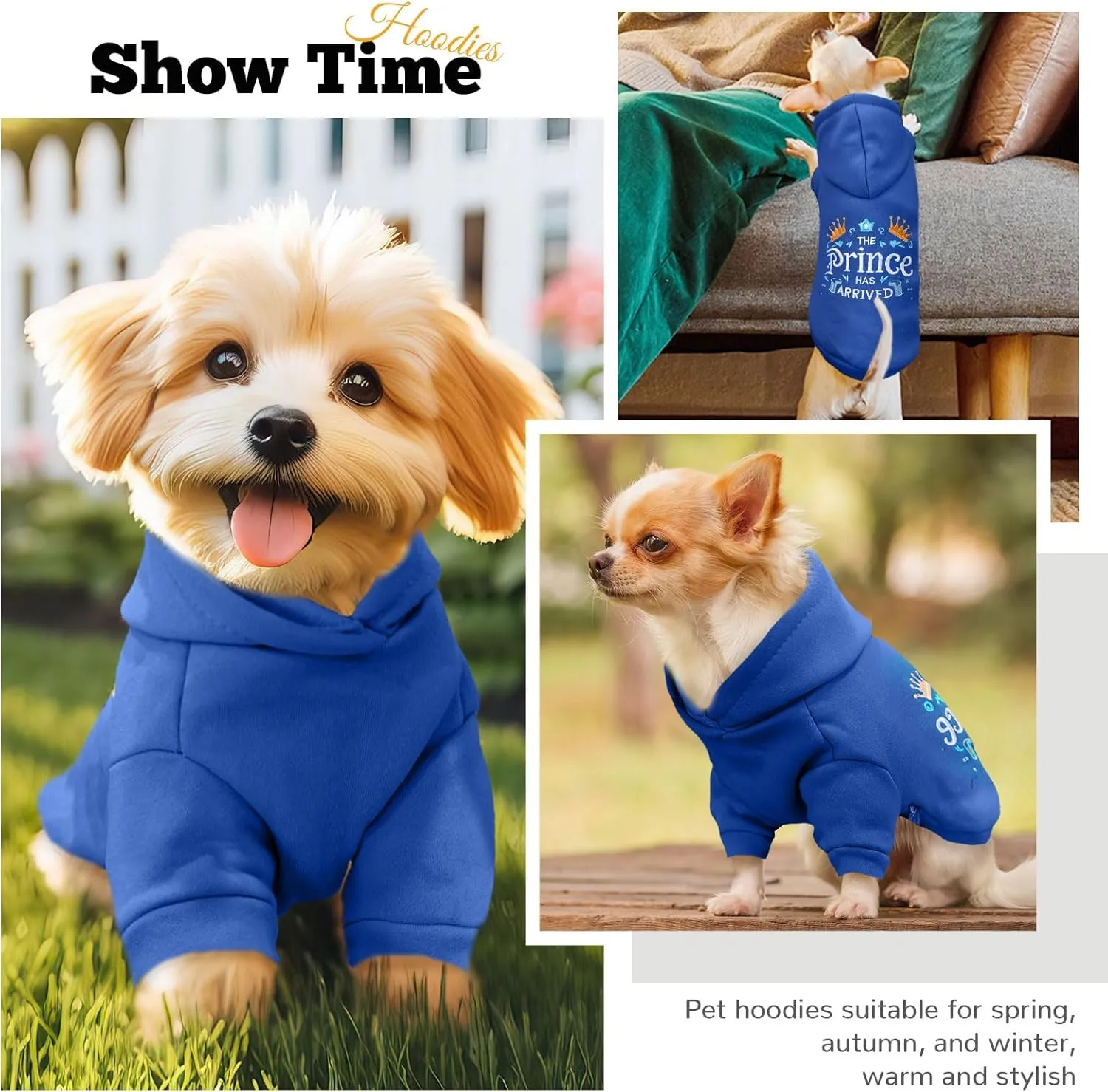 Small Dog Hoodie Clothes Cute Blue Prince Fleece Dog Sweater for Small Dogs Cat Boy Warm Puppy Sweatshirt with Leash D Ring Fall Winter XS Tiny Pet Doggy Outfit Chihuahua Yorkie Shihtzu(Blue,M)