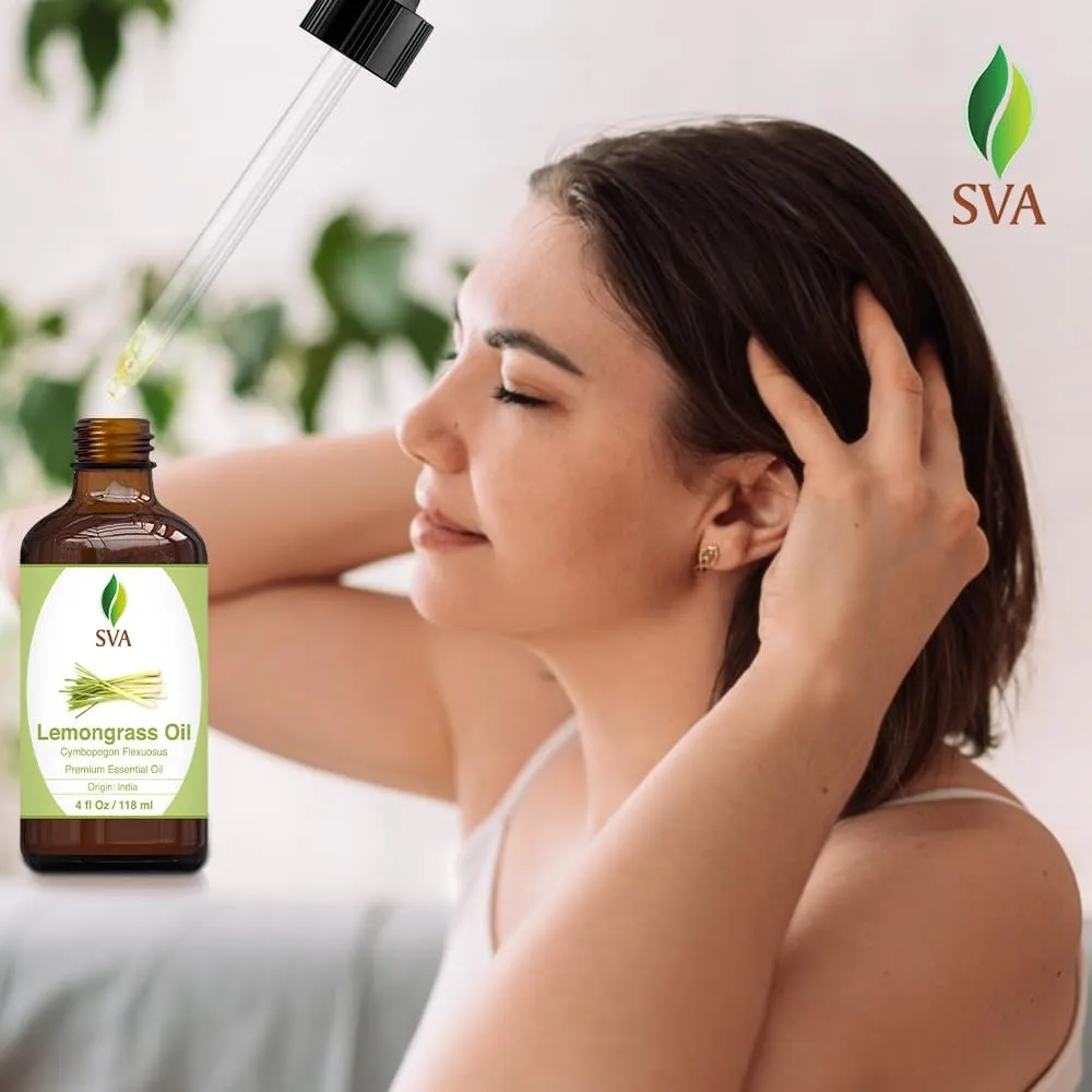 SVA Lemongrass Essential Oil  4 Fl Oz  100% Natural Lemongrass Oil - for Diffuser, Hair Care, Face, Skin Care, Aromatherapy, Scalp and Body Massage, Soap and Candle Making - with Dropper