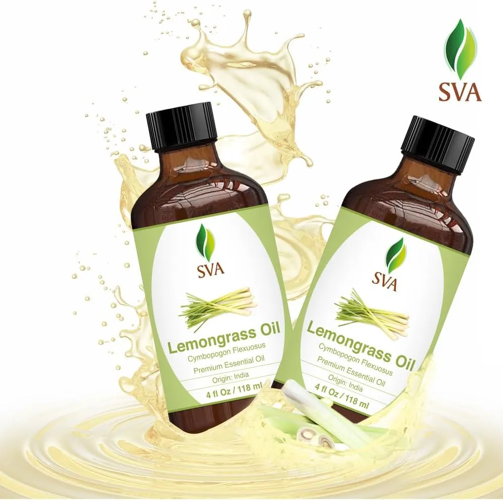 SVA Lemongrass Essential Oil  4 Fl Oz  100% Natural Lemongrass Oil - for Diffuser, Hair Care, Face, Skin Care, Aromatherapy, Scalp and Body Massage, Soap and Candle Making - with Dropper