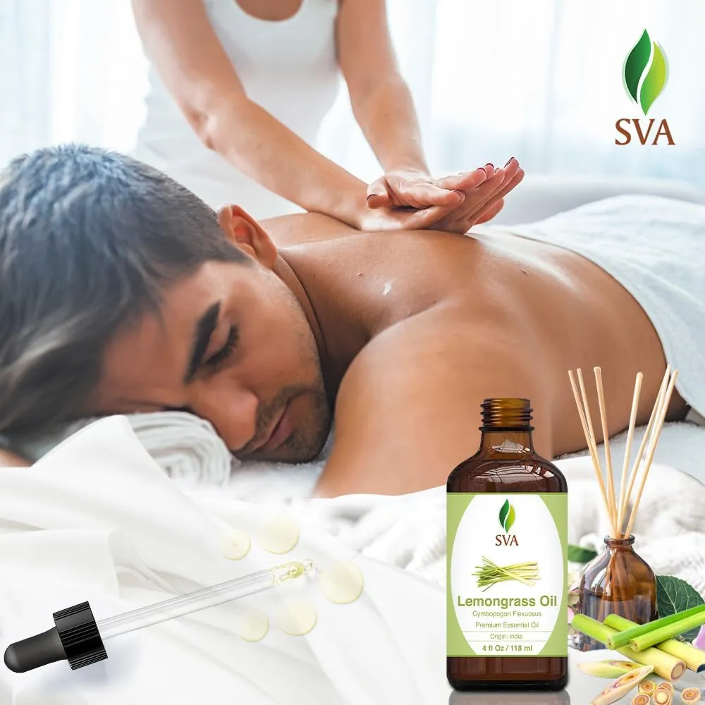SVA Lemongrass Essential Oil  4 Fl Oz  100% Natural Lemongrass Oil - for Diffuser, Hair Care, Face, Skin Care, Aromatherapy, Scalp and Body Massage, Soap and Candle Making - with Dropper