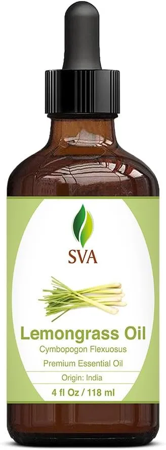 SVA Lemongrass Essential Oil  4 Fl Oz  100% Natural Lemongrass Oil - for Diffuser, Hair Care, Face, Skin Care, Aromatherapy, Scalp and Body Massage, Soap and Candle Making - with Dropper