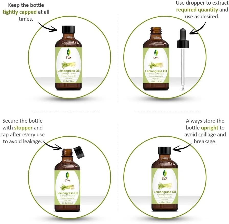 SVA Lemongrass Essential Oil  4 Fl Oz  100% Natural Lemongrass Oil - for Diffuser, Hair Care, Face, Skin Care, Aromatherapy, Scalp and Body Massage, Soap and Candle Making - with Dropper