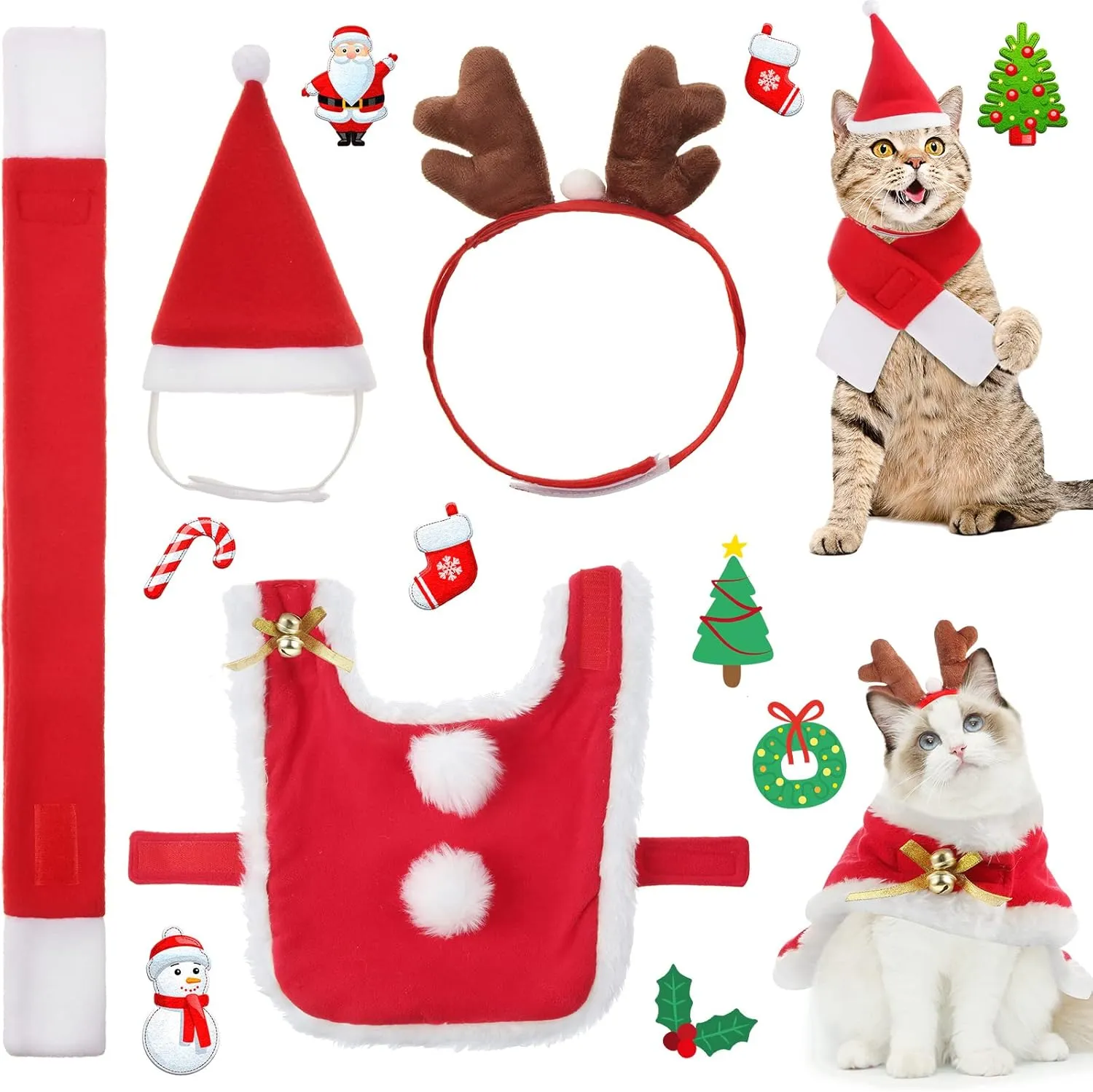 Syhood Cat Christmas Outfit - Santa Hat and Scarf Pet Costume Set for Small Cats, Dogs, Puppies, Kittens - Adjustable Cosplay Accessories